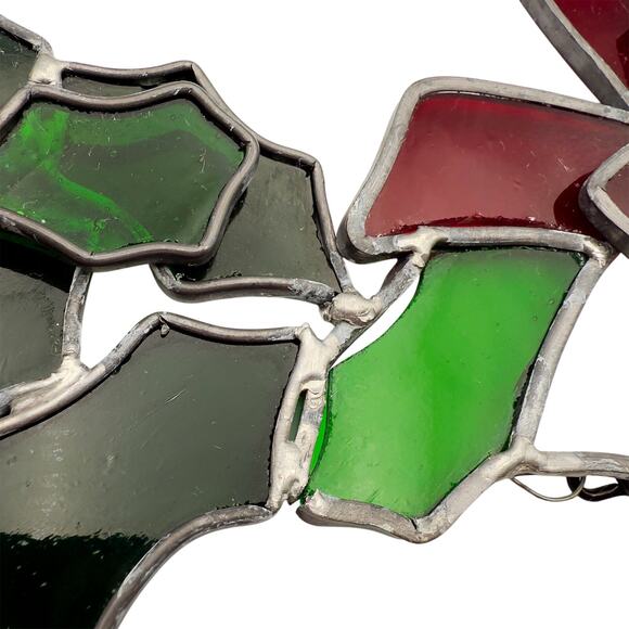Handmade Vintage 12" Stained Glass Christmas Holiday Wreath Green/Red Decor - Picture 6 of 9